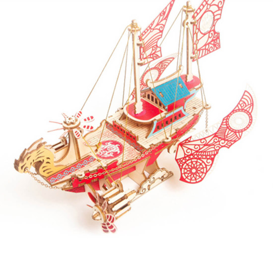 300+pcs diy fantasy airship 3d steampunk model wooden puzzle toy