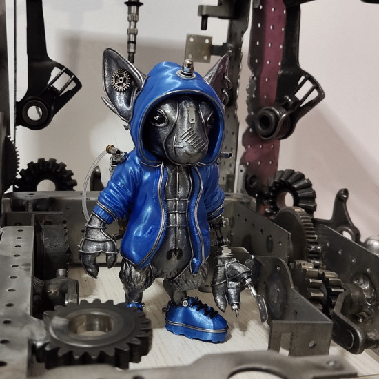 3d metal steampunk mouse with blue jacket animal sculpture model assembled