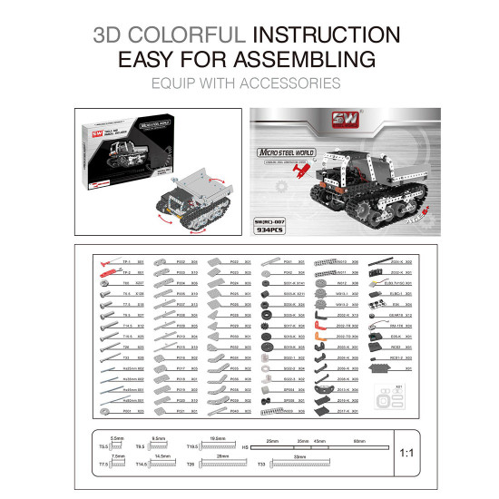 assembly 934pcs 2.4g 10ch metal rc tracked dump truck puzzle model