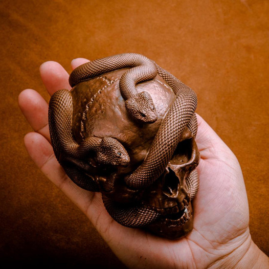 steampunk brass skull & snake statue