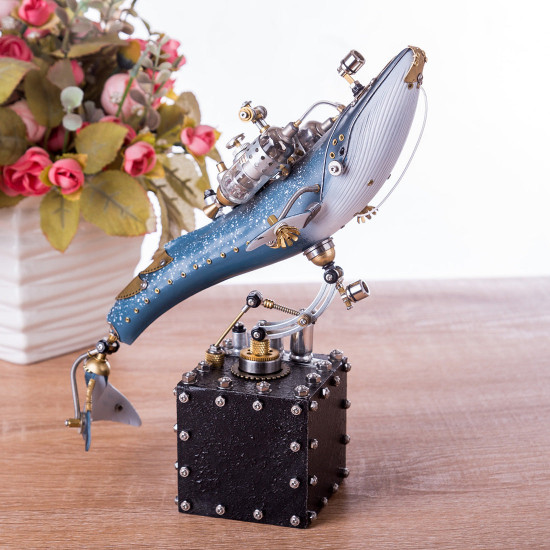 creative 3d blue whale animal metal steampunk model with base handmade assembled crafts