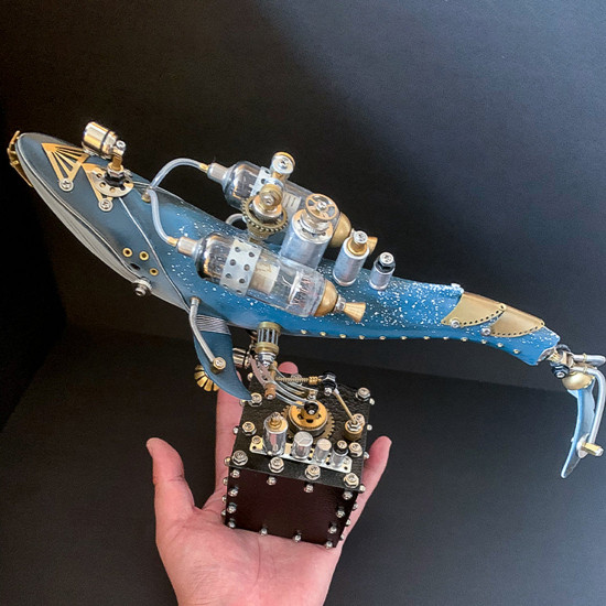 creative 3d blue whale animal metal steampunk model with base handmade assembled crafts