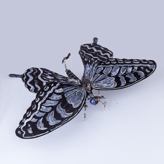 mechanical metal black and white butterfly steampunk insect sculpture art  assembled