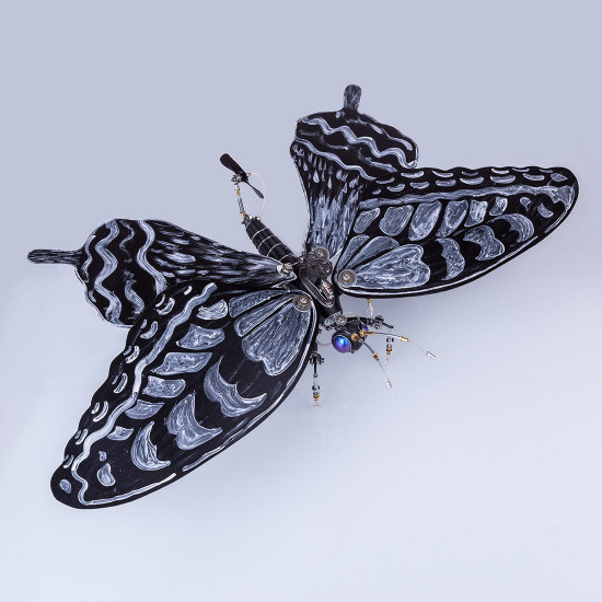 mechanical metal black and white butterfly steampunk insect sculpture art  assembled