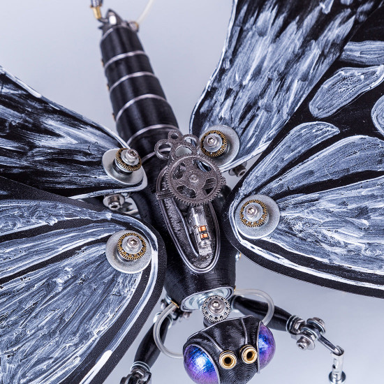 mechanical metal black and white butterfly steampunk insect sculpture art  assembled