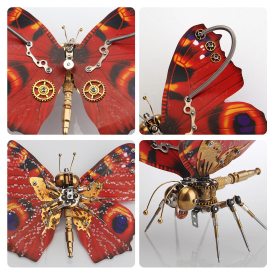 steampunk 3d orange-red peacock butterfly model assembly kit with flower base