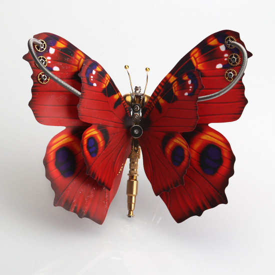 steampunk 3d orange-red peacock butterfly model assembly kit with flower base