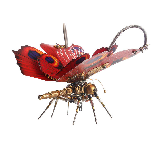 steampunk 3d orange-red peacock butterfly model assembly kit with flower base