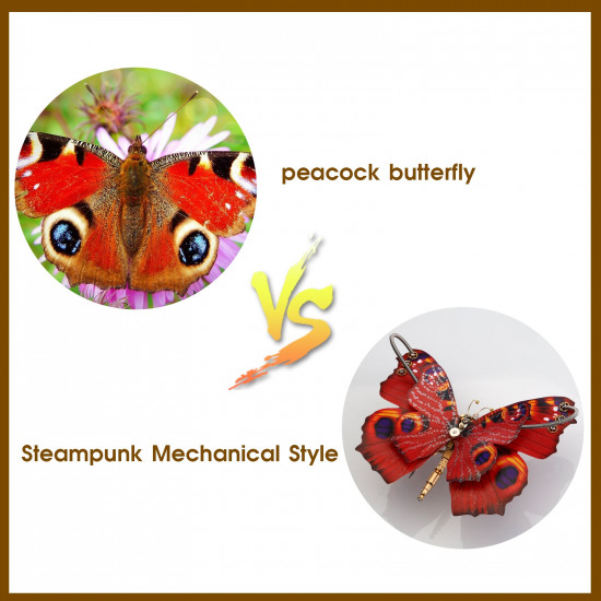 steampunk 3d orange-red peacock butterfly model assembly kit with flower base