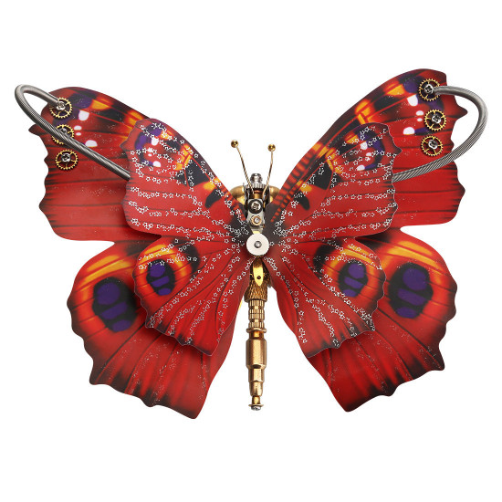 steampunk 3d orange-red peacock butterfly model assembly kit with flower base