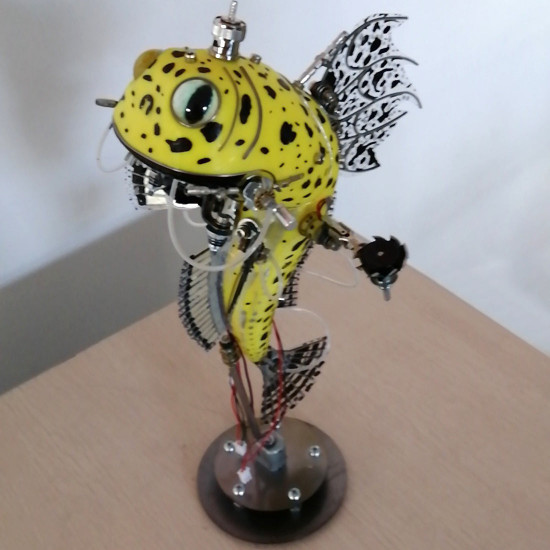 steampunk  metal yellow fish sculpture model kits 3d handmade assembled art crafts