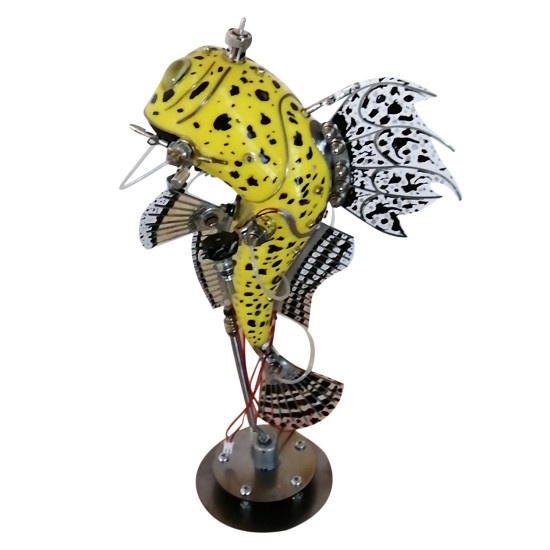 steampunk  metal yellow fish sculpture model kits 3d handmade assembled art crafts