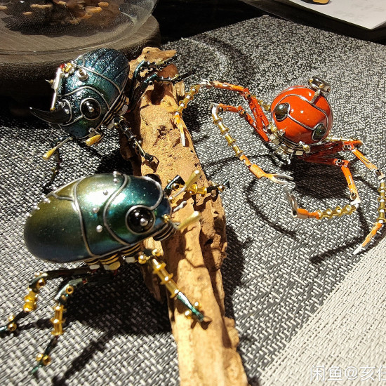 steampunk red little six-legs beetle 3d metal bug insect model handmade assembled crafts